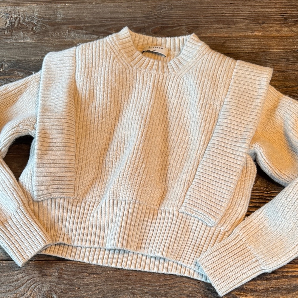 Aritzia Babaton Grazia fine merino‎ wool cropped cream sweater size Small flawed